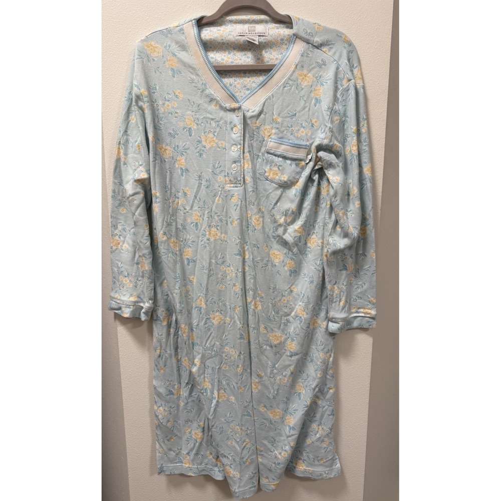 Karen Neuburger Sleepwear Nightgown Blue‎ Floral Henley Buttons Size Small
